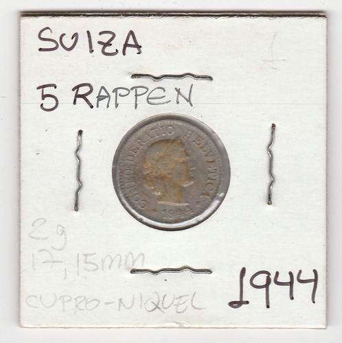 Moneda Suiza 5 Rappen 1944 Vf/xf