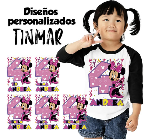 Kit 4 Playeras Raglan 3/4 Minnie Mouse Cumpleaños #v08