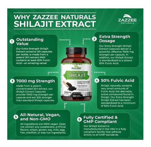 Shilajit 7000 Mg | Zazzee | 120 Cápsulas Sin Sabor