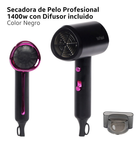 Secadora De Cabello Professional De Iones 3 Velocidades Yoftool Sp1400w2 Portatil Y Ligera Con Difusor Color Negro Moderna 1400w