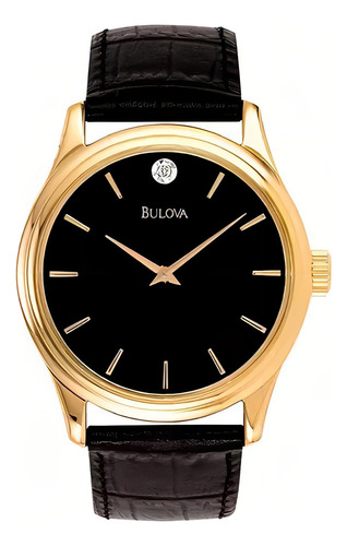 Relógio de pulso Bulova 97F55 com corpo dourado, analógico, para homens, fundo preto, com pulseira de couro preta, ponteiros dourados, mostrador preto, moldura dourada e fivela simples