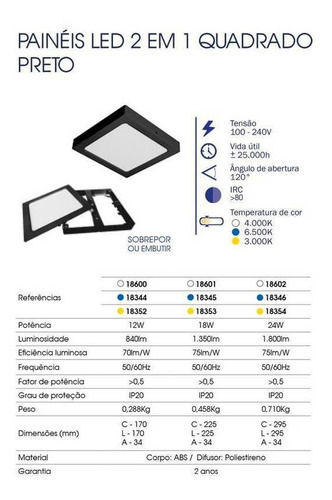 Painel Plafon Led Embutir Sobrepor Quadrado 225mm 18w Preto