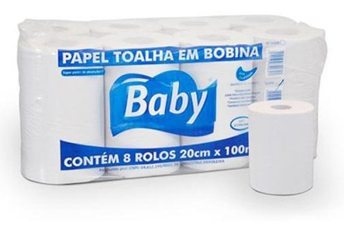 Papel Toalha Bobina Luxo 20cm X 100m Com 8 Rolos Baby