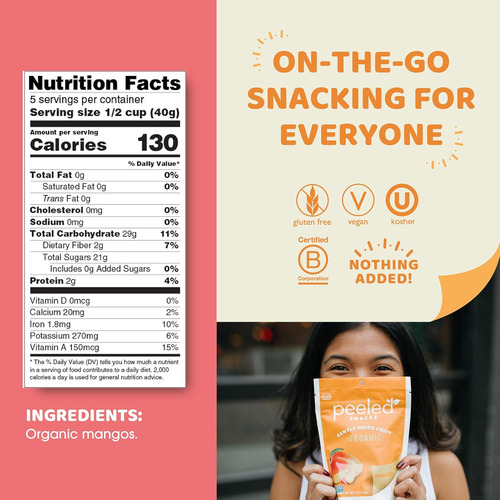 Snacks Pelados Frutos Secos Orgánicos, Mango, 7 Oz. Snacks