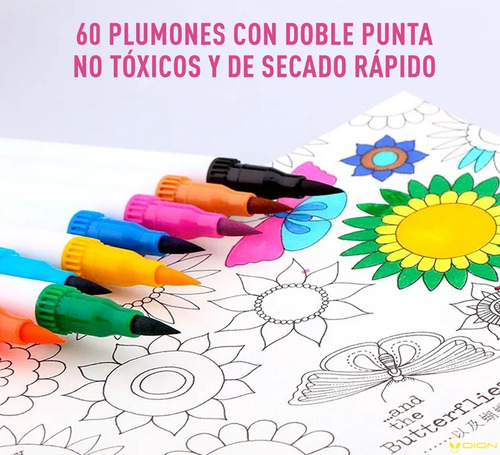 Imagen 2 de 8 de Marcadores Plumones Punta Pincel Doble Punta Dion 60 Colores