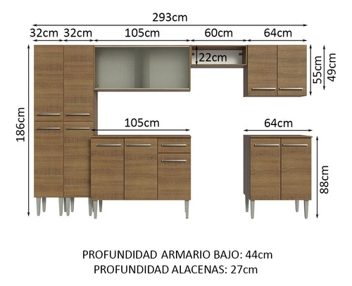 Armario De Cocina Completo 293cm Emilly Madesa 05 Marrón