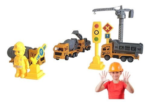 Set De 4 Camiones De Construcción + 6 Accesorios