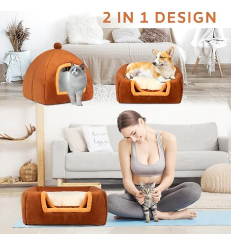 Cama Tipo Cueva Para Gatos 2 En 1 Con Almohada Lavable