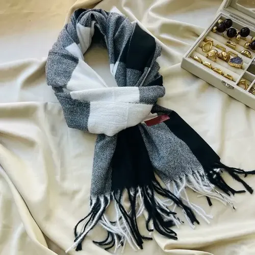 Cachecol Pashmina Echarpe Xale Cashmere Xadrez Franja Laura