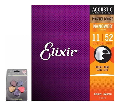 Elixir Phosphor Bronze 11-52 Cuerdas Guitarra Acústica 16027 2pcs