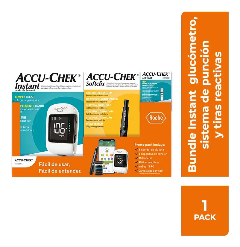 Promo Pack Glucómetro Accu-Chek Instant + Softclix kit + 50 tiras reactivas
