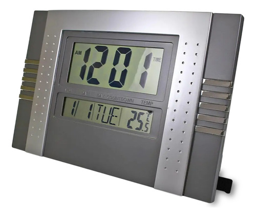 Reloj digital, termómetro y números de alarma, decoración grande, estructura gris