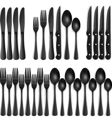 Juego De Cubiertos Negros 24 Piezas Acero Inoxidable Negro