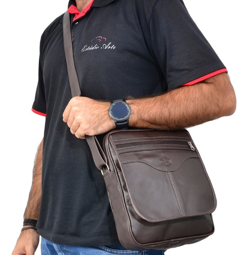 Bolsa Transversal Masculina Pasta Carteiro Shoulder Bag Cor Marrom Cor da correia de ombro Mesma cor da bolsa Desenho do tecido visual couro
