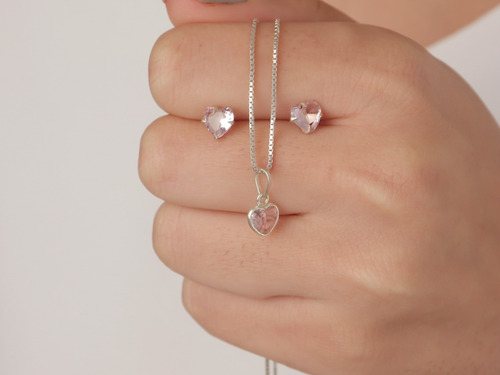 Imagem 2 de 5 de Conjunto Colar Brinco Prata 925 Coração Cor Quartzo Rosa