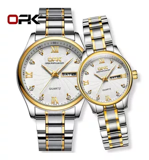 Opk Calendar Quartz Waterproof 2 Peças De Relógios De Casal Cor Do Fundo Silver Golden White