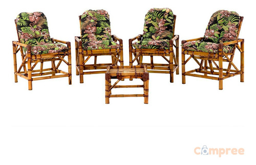 Cadeiras E Mesa De Bambu Jogo Completo Jardim Preto Folhas