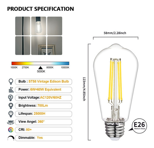 Bombillas Led St58 De 6 W, 600 Lm, E26, Regulables 5000 K, 6