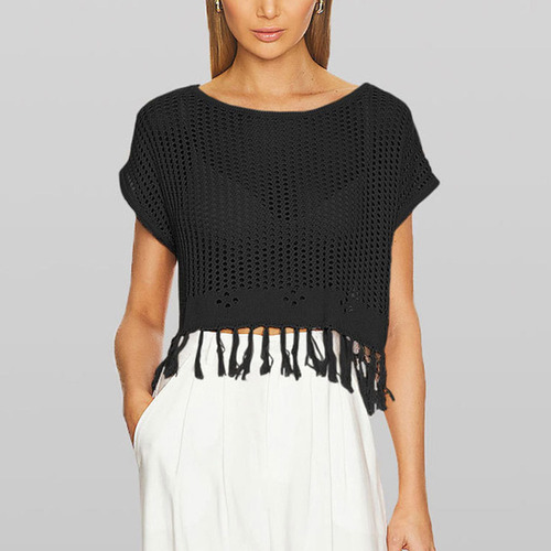 Blusa Tipo TĂșnica Holgada Con Cuello Redondo Y Flecos Para