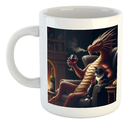 Taza Ceramica Dragon Tomando Vino Gato Sillon Fumando