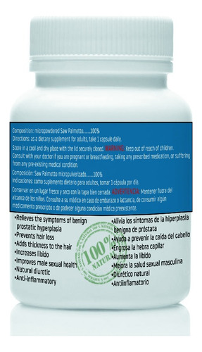 Saw Palmetto (serenoa Repens) 30 Cáps. X 500mg (100%pureza)! Sin Sabor