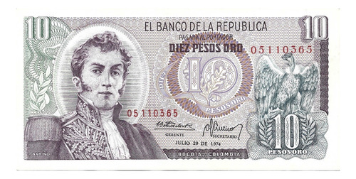 Billete Colombia 10 Pesos Oro 1974 (Usado)