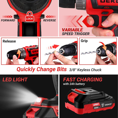 Red Drill Tool Kit Set: 20v Cordless Power Drill Tool Box...