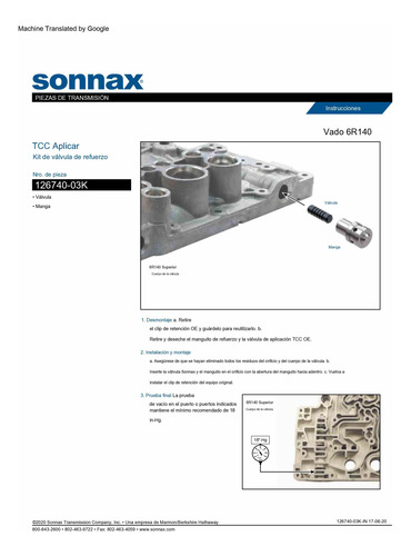 Sonnax 126740-03k Valvula Boost Aplicacion Tcc 6r140