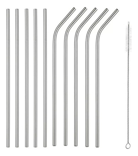 10 Popotes Metálicos Acero Inoxidable Curvo Recto + Cepillo