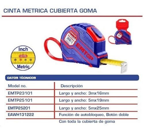 Imagen 2 de 4 de Cinta Metrica 5m X 19mm Cubierta Goma