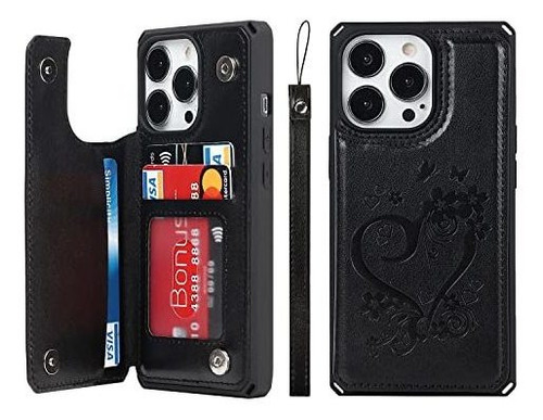 Funda Para iPhone 13 Pro Billetera Cuero Corazon Negro