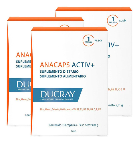 Pack 3 Ducray Anacaps Activ+ Suplemento Dietario Anticaida