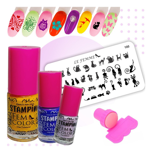 Kit Stamping 3 Esmaltes Fem Color 1 Placa Sello Deco Lefemme