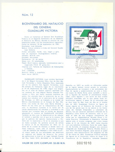 Estampilla Guadalupe Victoria  Carnet Primer Día 1986