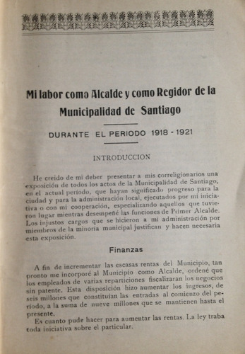 Municipalidad Santiago Labor Como Alcalde 1920 (Usado)