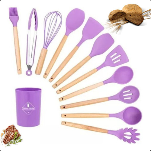 Kit De 12 Utensílios De Cozinha De Silicone Com Alças.