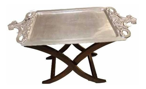 Mesa Bandeja Grande De Pewter Base Patas De Madera