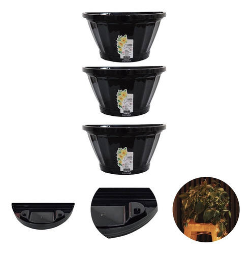 Kit Com 3 Vasos De Parede C/ Prato Jardim Vertical Meia Lua Cor Preto