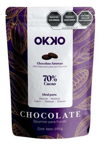 Chocolate Amargo Gourmet 70% Cacao 200gr Okko Super Foods