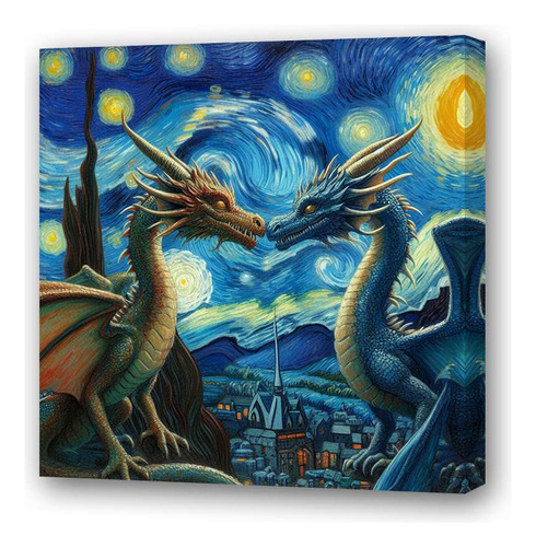 Cuadro 30x30cm Dragon Noche Estrellada Novios Van Gogh