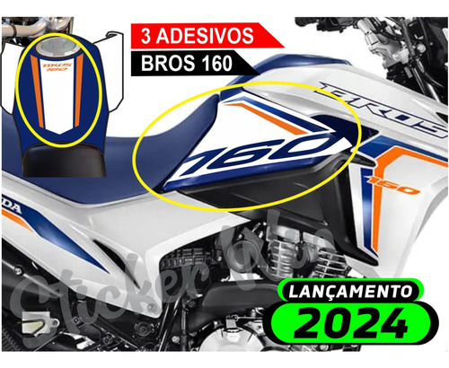Adesivo Bros 160 2024 - Kit 3 Adesivos P/ Moto Branca A2