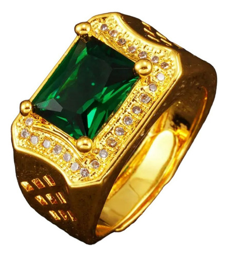 Anel Luxo Pedra Verde Banhado A Ouro 18k