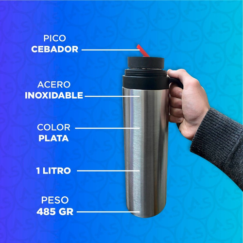 Imagen 3 de 9 de Termo Uruguayo 1 Litro Media Manija Acero Inoxidable Matero