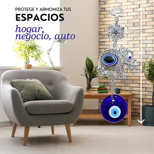 Amuleto Colgante Para Hogar Elefante Ojo Turco Fortuna Salud Plateado