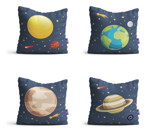 Capas De Almofadas Decorativas Infantil Sistema Solar Kit 4u