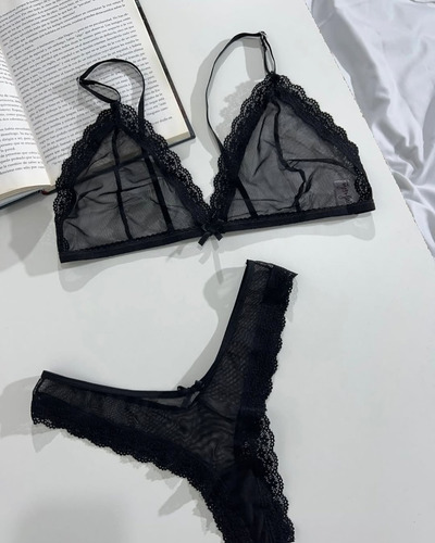 Conjunto Lenceria Bralette De Microtul Con Encaje Less En V Negro 100
