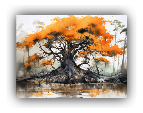 65x50cm Cuadro Decorativo Abstracto Árbol Ciprés Naranja N