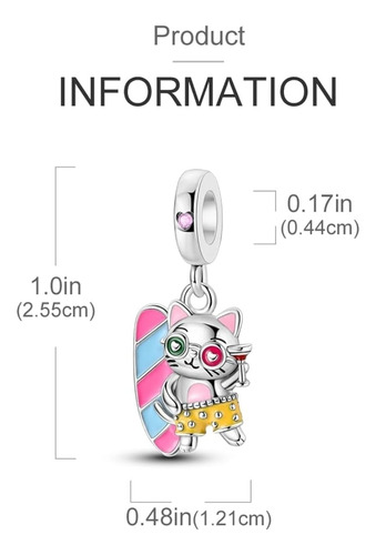 Charm Dije Gato Tabla Surf Compatible Pulsera Rosa