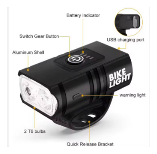 Luz Recargable Para Bicicleta 2 Led Gran Autonomía Usbc Negro
