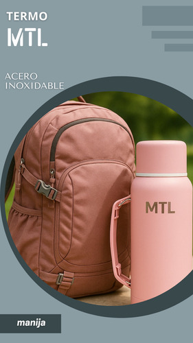 Termo Mtl 1 Litro Acero Inoxidable Color Rosa Claro Tapa Vaso Cebador Doble Pared Ligero 24hs Frio Calor Mate Camping Oficina Compacto Manija Facil De Limpiar